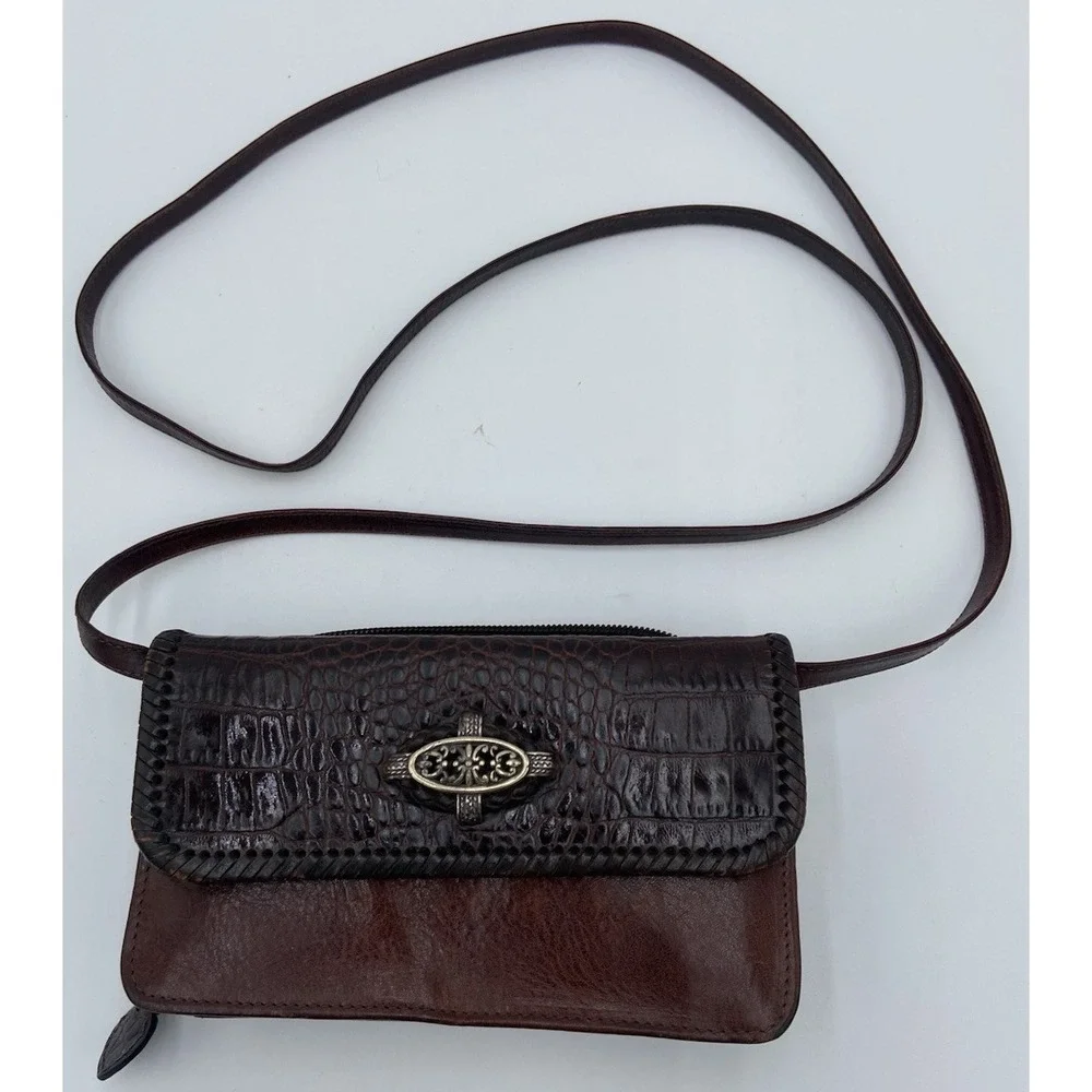 BRIGHTON Vintage Crossbody Purse Wallet Black Brown Leather Strap Travel Clutch